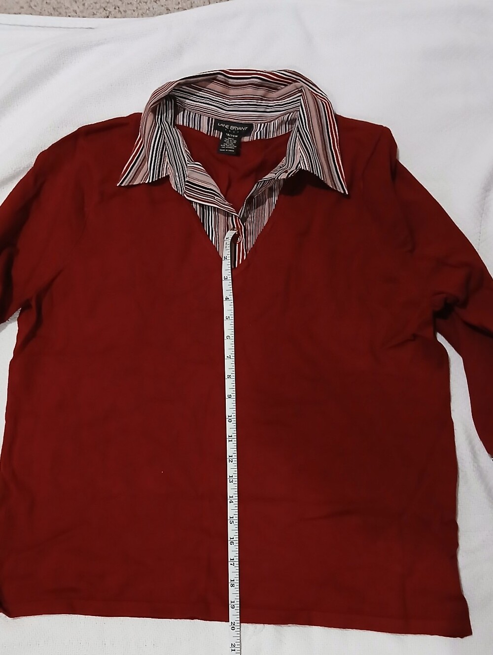 Lane Bryant Red V-Neck Sweater with Striped Faux-Collar